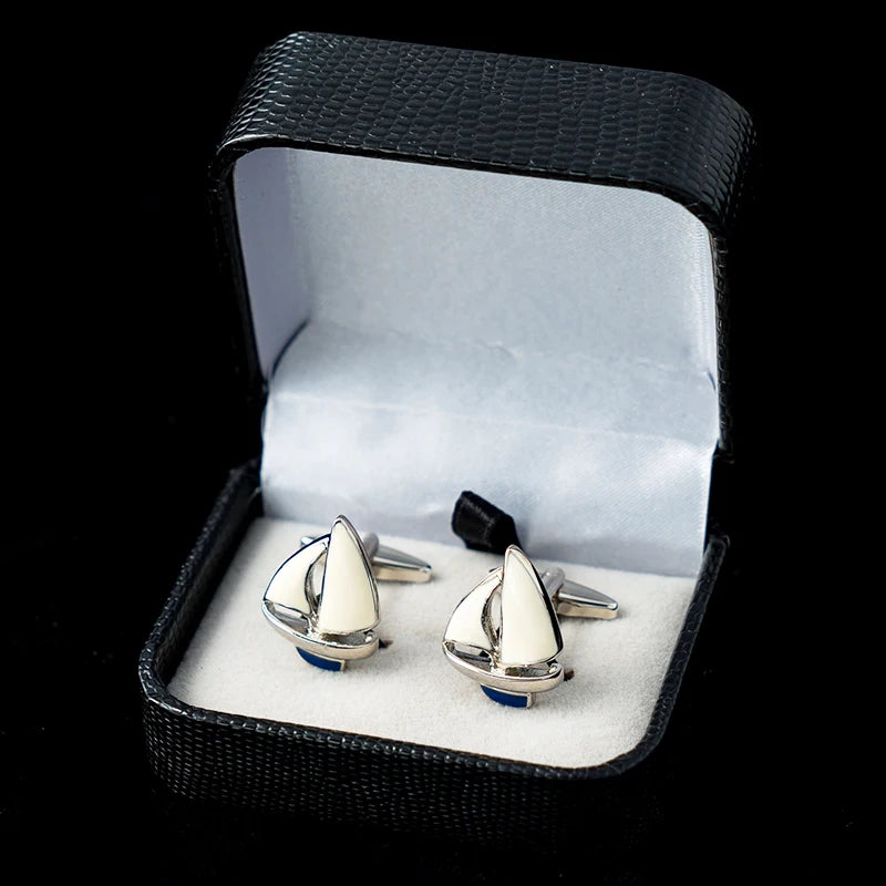 Sailing Boat Cufflinks For Men White And Blue Enamel