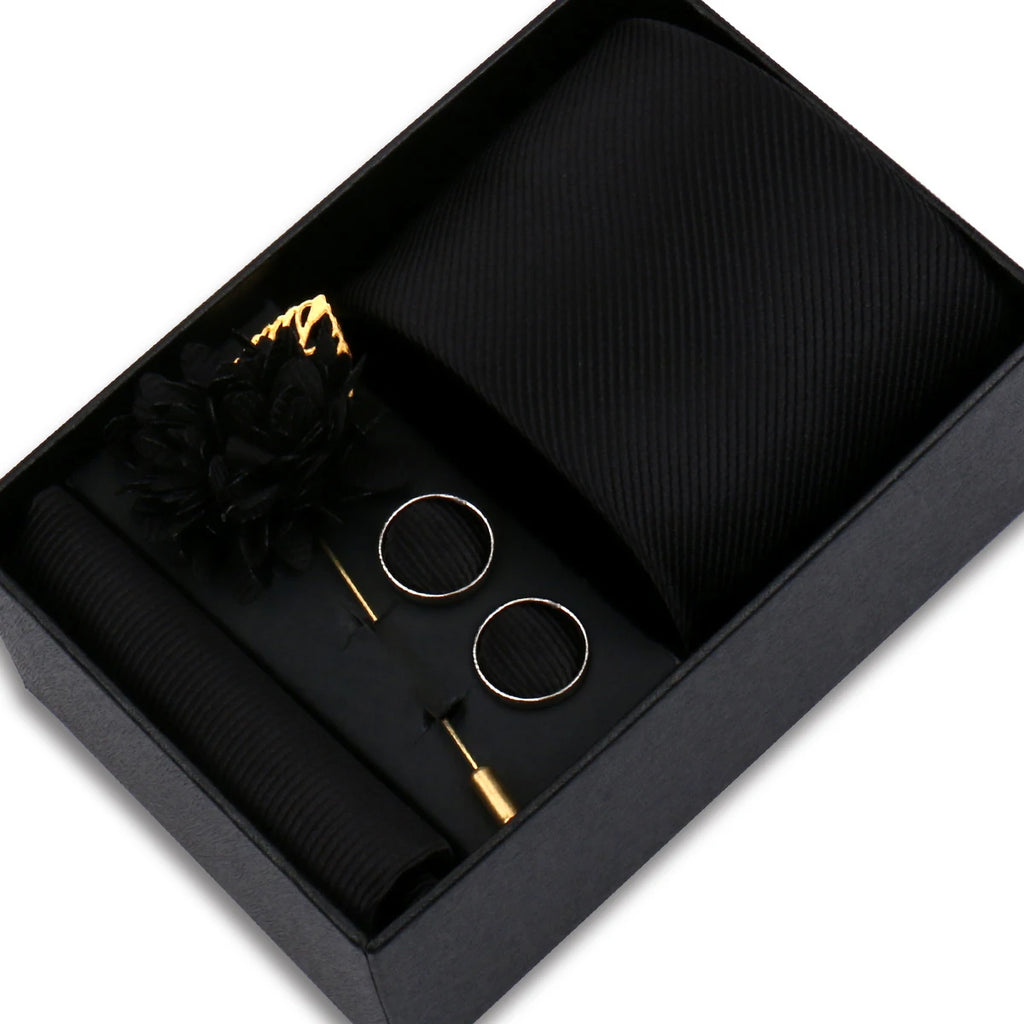 Solid Color Necktie Gift Set With Hanky, Cufflinks & Brooch
