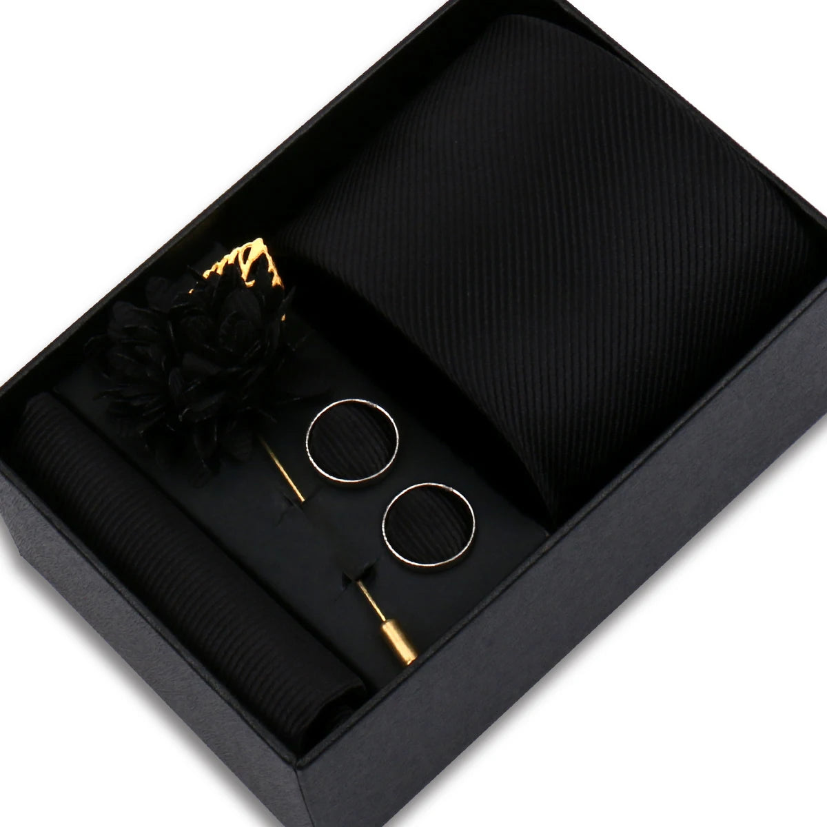 Solid Color Necktie Gift Set With Hanky, Cufflinks & Brooch