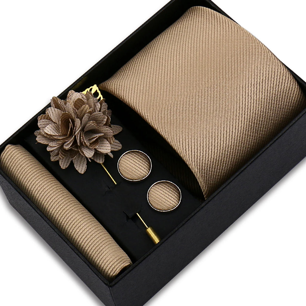 Solid Color Necktie Gift Set With Hanky, Cufflinks & Brooch