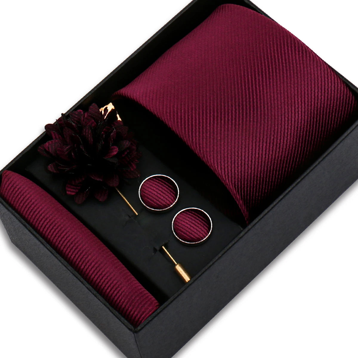 Solid Color Necktie Gift Set With Hanky, Cufflinks & Brooch