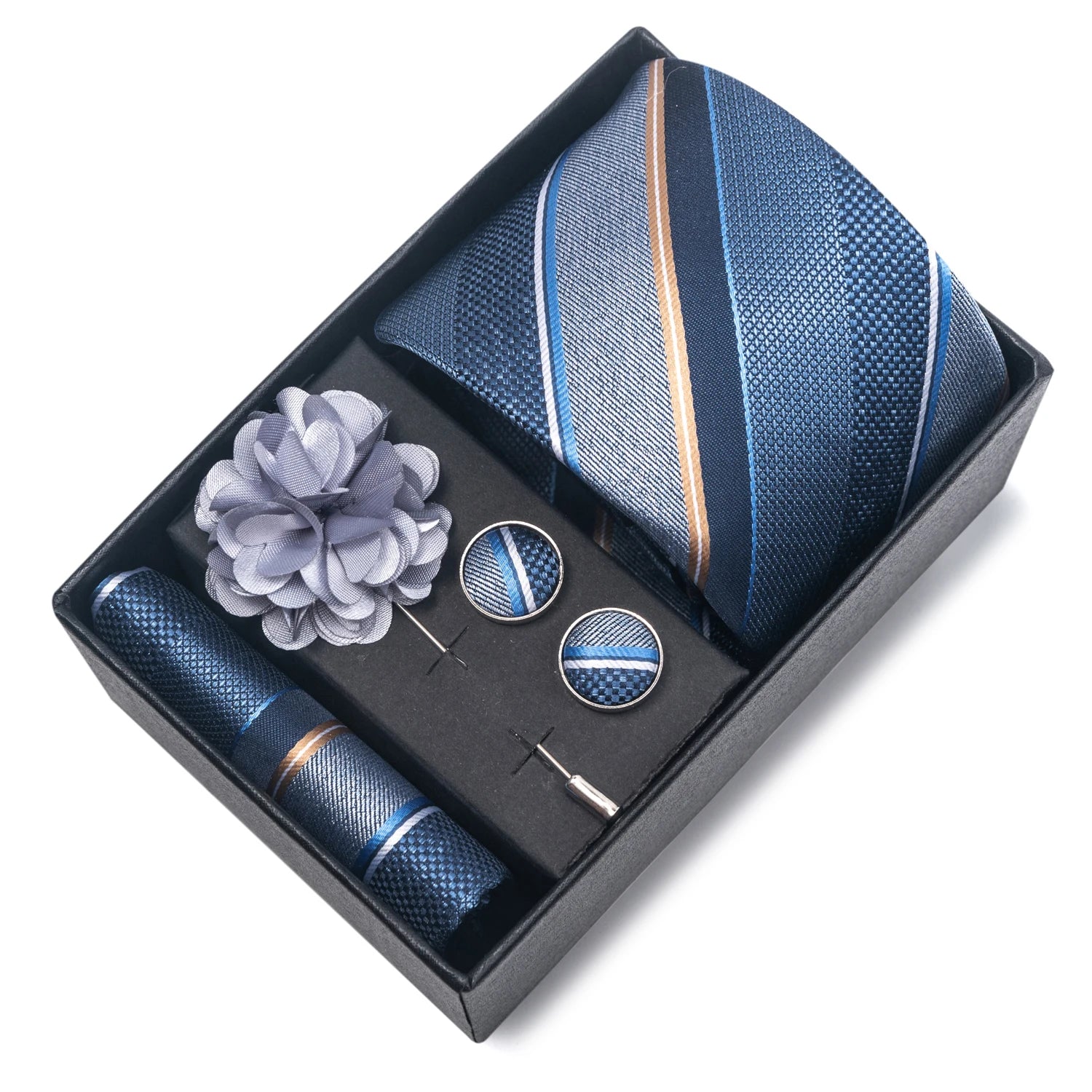 Men's Striped Tie Gift Set With Handkerchief & Cufflinks