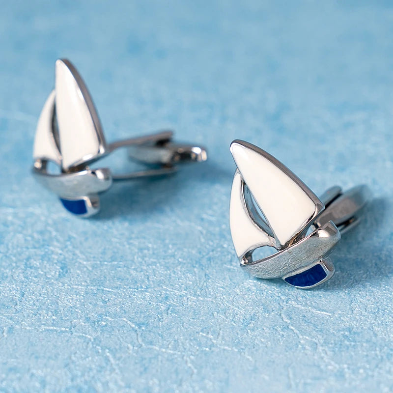 Sailing Boat Cufflinks For Men White And Blue Enamel