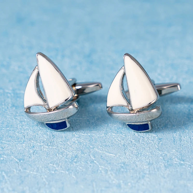 Sailing Boat Cufflinks For Men White And Blue Enamel